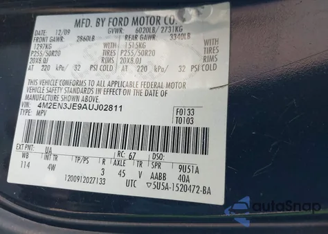 2010 Mercury Mountaineer Premier из США, поврежденный, VIN 4M2EN3JE9AUJ02811